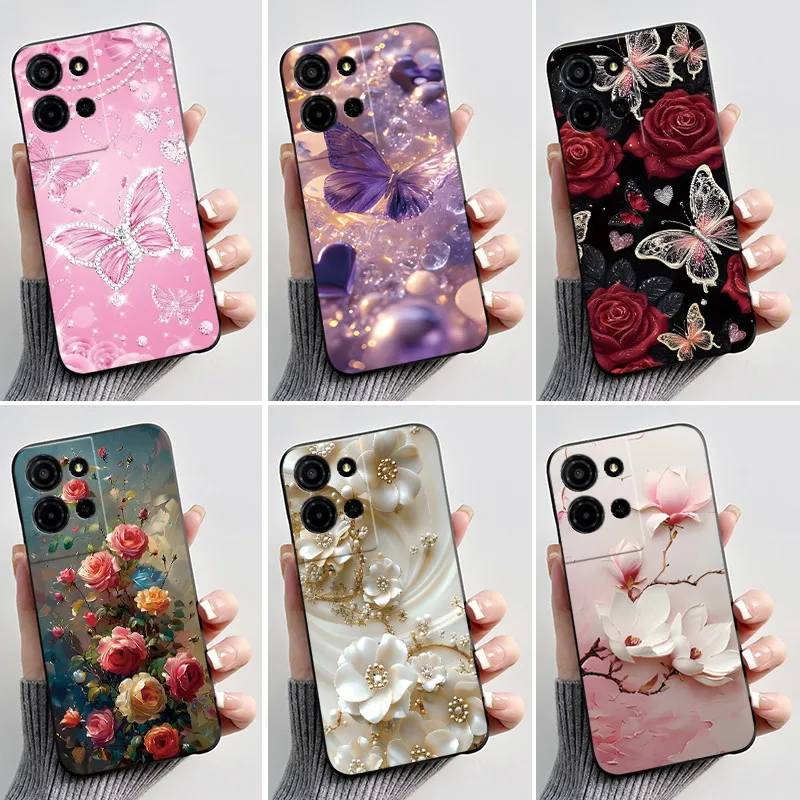For TCL K32/K33 Case Back Cover Fashion Butterfly Flowers Black Shockproof Soft Silicone Phone Casing For TCL T513Z T513W Bumper