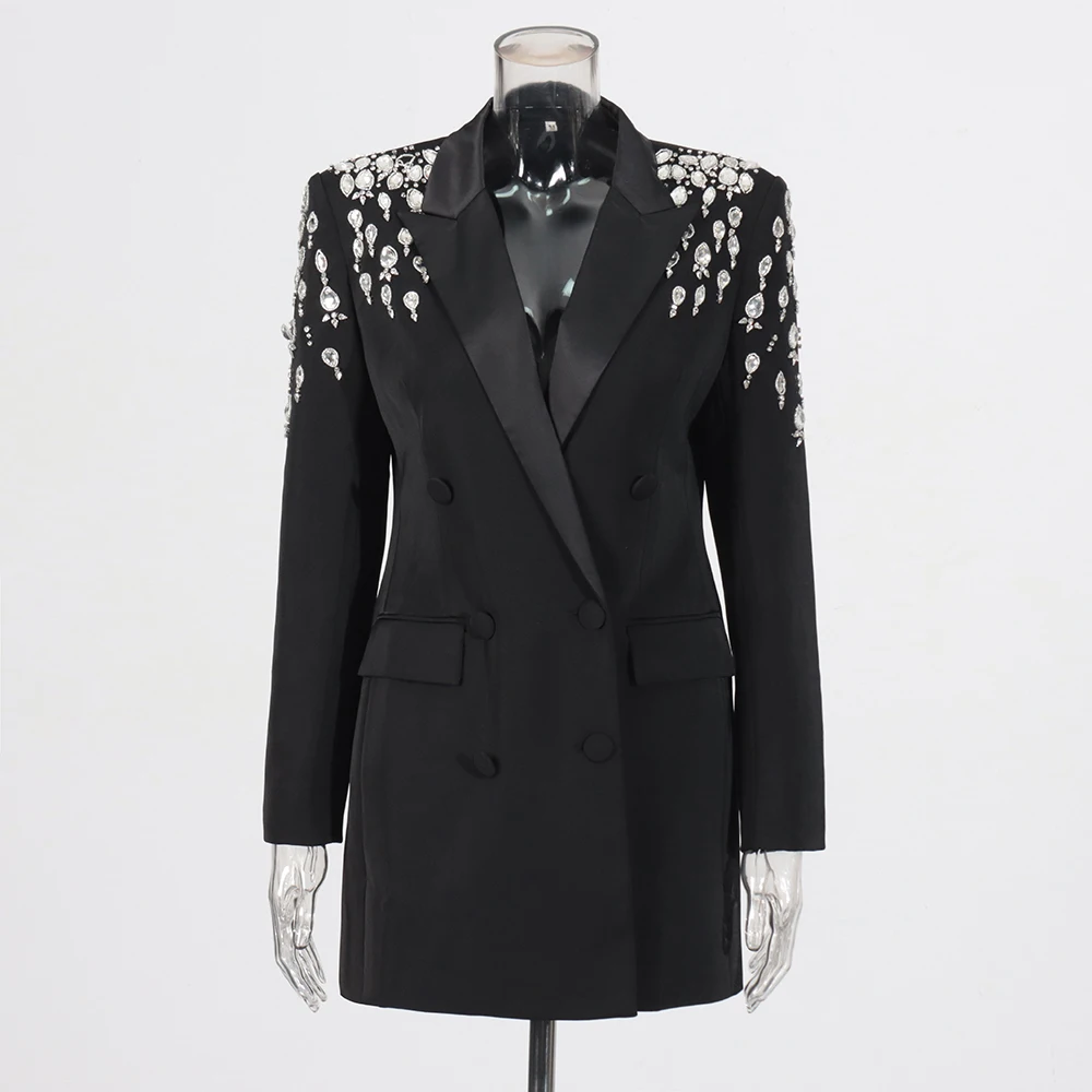 TWOTWINSTYLE Solid Slimming Spliced Diamonds Blazer for Women Lapel Long Sleeves Patchwork Double Breasted Coat Female Fashion