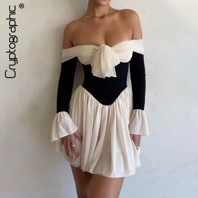 Cryptographic Off The Shoulder A-Line Mini Dress Sexy Backless Elegant Outfits for Women Night Club Party Gown Princess Dresses