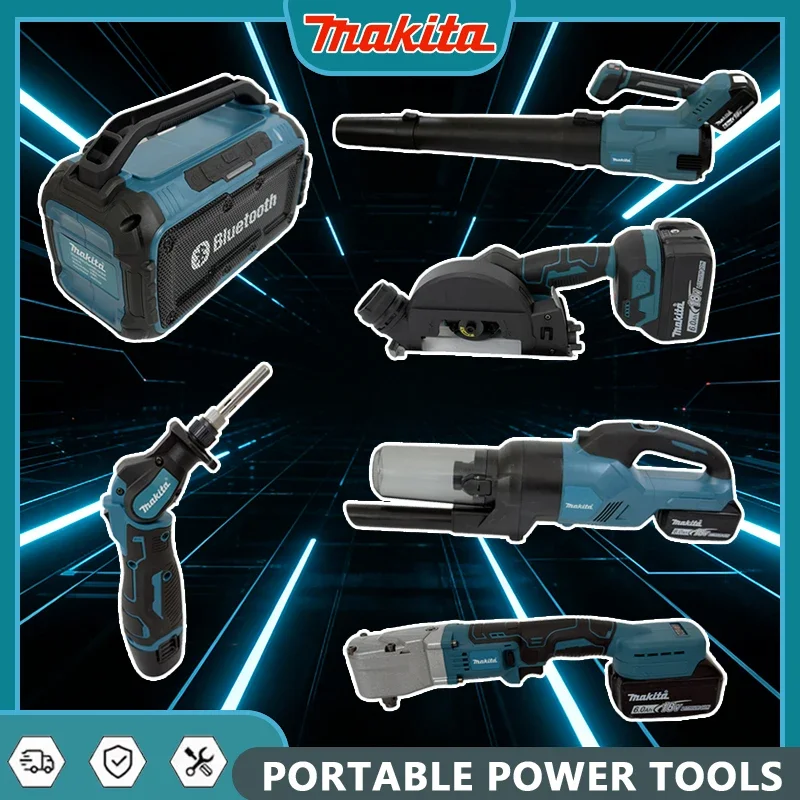 

Различные модели портативных аккумуляторных электроинструментов Makita: ударный шуруповерт, аккумуляторная отвертка, электрическая сабельная пила