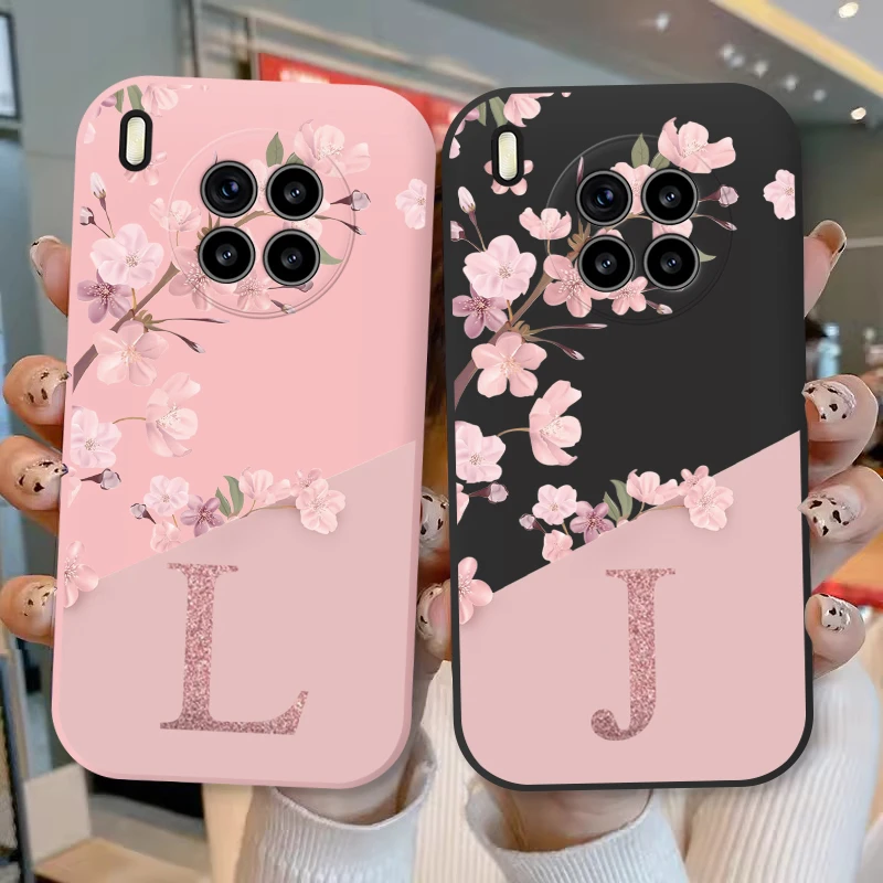 Initial Letter Silicone Case For Huawei Nova 8i Honor 50 Lite Shell Retro Pink Flower Soft TPU Back Cover For Honor 50Lite Capa