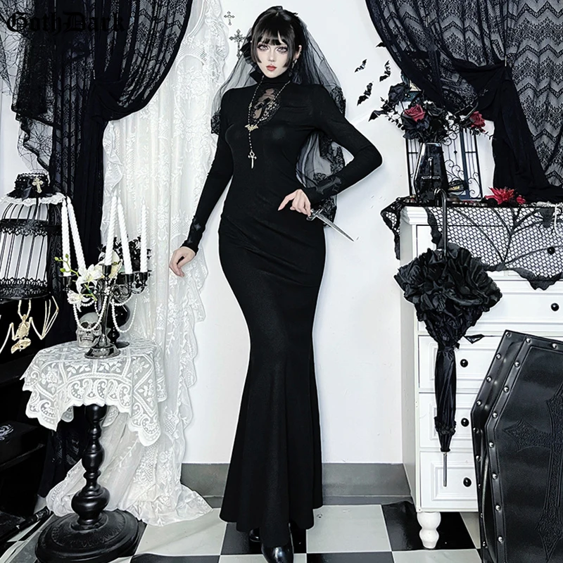 

Goth Dark Lace Cut Out Sheer Cross Turtleneck Long Dress Women Gothic Halloween Outfits Solid Sexy Bodycon Maxi Dresses Robes