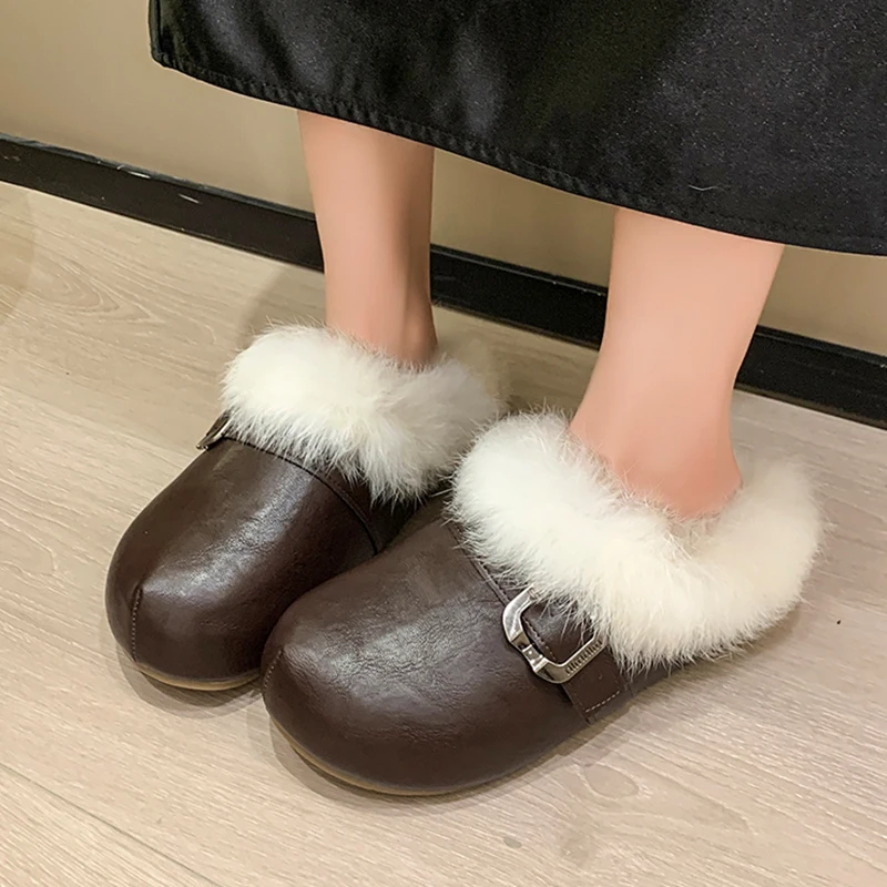 

Fluffy Slippers Women Flats Mules Shoes Slingback Sandals Winter Short Plush Cotton Shoes 2025 Casual Flip Flops New Sneaker