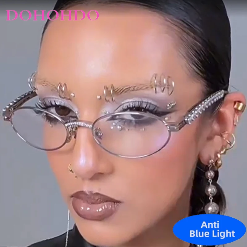 

Luxury Brand Design Rhinestone Small Oval Metal Anti Blue Light Glasses Women Men Optical Eyeglasses Trendy Computer Glasses