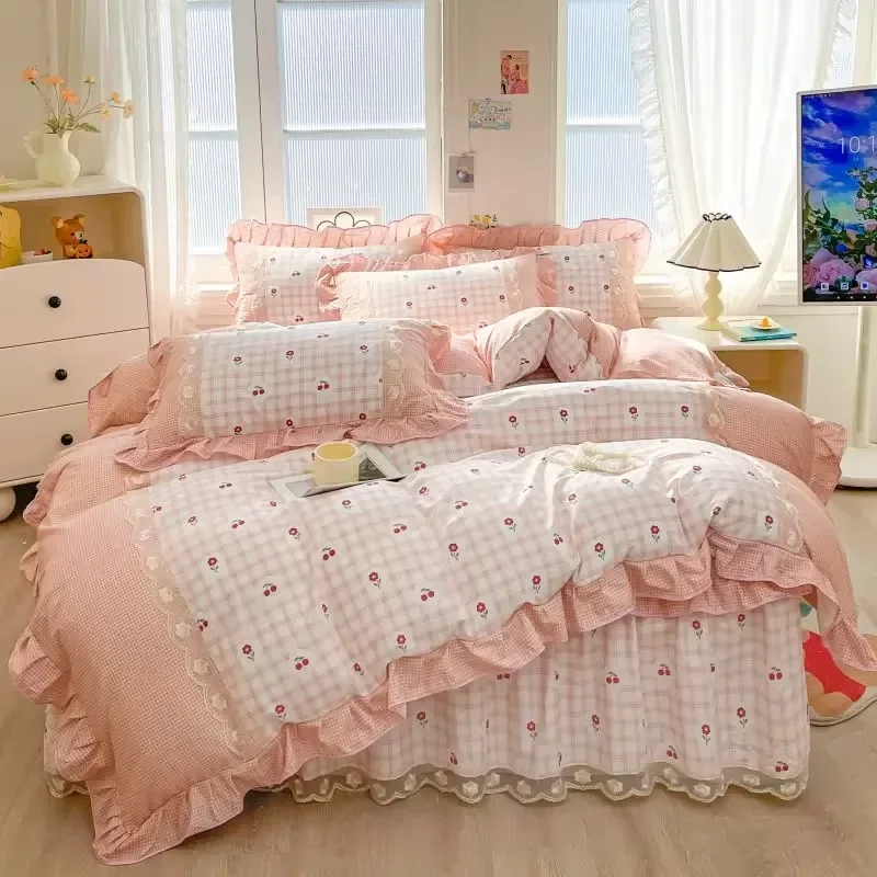 Class A new retro padded mattress type bed skirt series four-piece set 100 pure cotton thickened lace quilt cover bedding