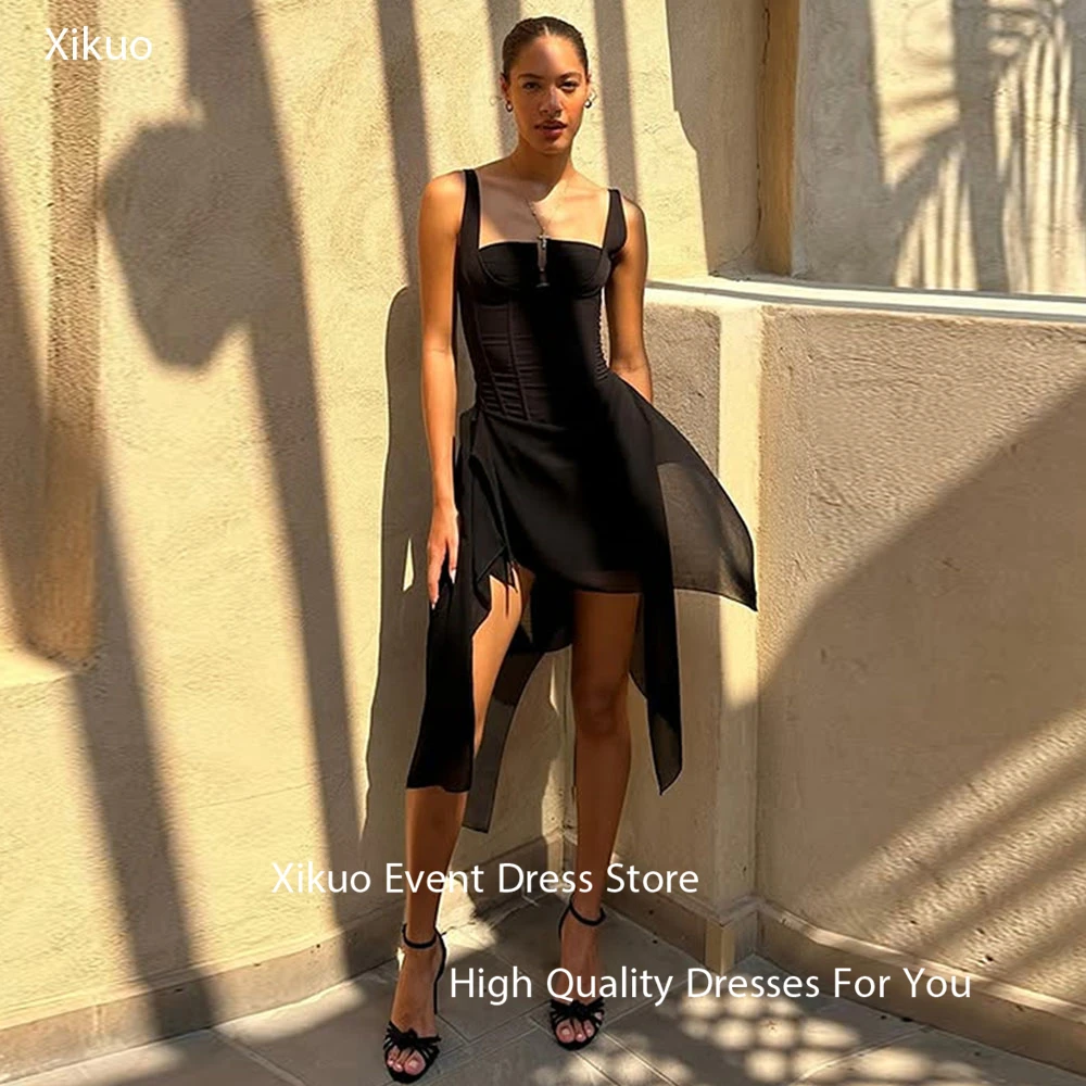 

Xikuo Elegant Satin Prom Gowns Spaghetti Strap Bespoke Occasion Evening Gown Summer Above Knee Cocktail Evening Dress Customized