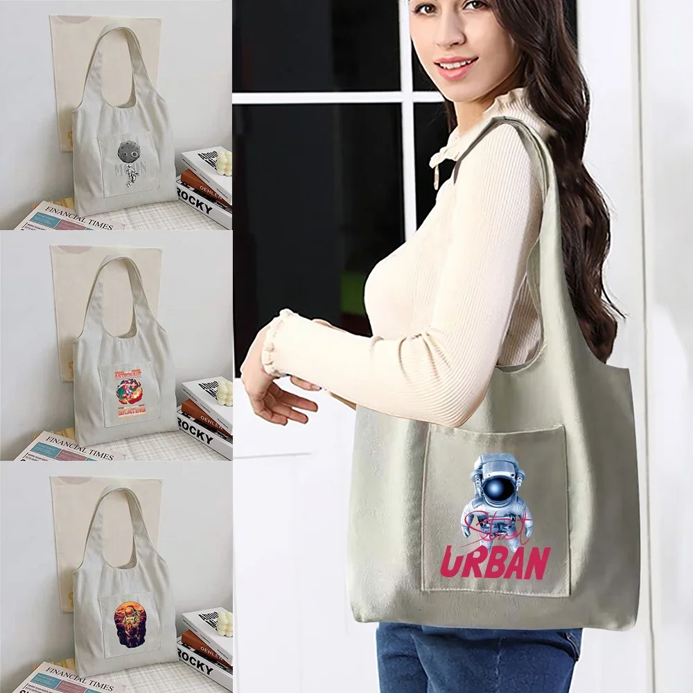 

Shopping Bag Foldable Student Canvas Shoulder Bag Astronaut Printed Ladies Shopper Bag Travel Tote Work Handbag Organizer