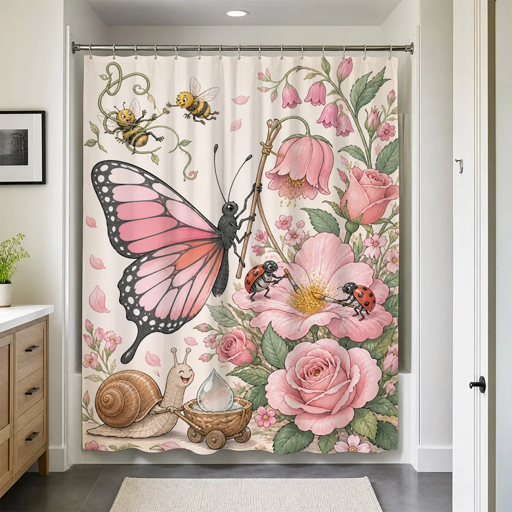 Vintage Floral Shower Curtain Waterproof Bathroom Liner Cottagecore Butterfly Rose Insect Botanical Decor Shower Screen for Home