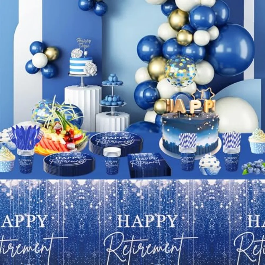 Blue Retirement Party Tablecloth Decorations Disposable Happy Retirement Party Supplies for Men Women Tablecover Retirement Tab