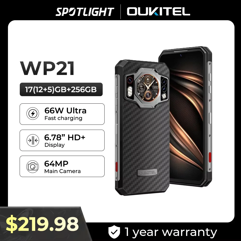 Oukitel WP21 Rugged Cell Phone Night Vision, 9800 mAh, Mobile phone 12GB+256GB, 64MP Camera, Smartphone 66W,120 Hz Helio G99