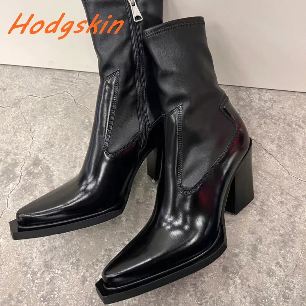 

Soft Leather Women Boots Pointed Toe Solid Sewing Side Zipper Chunky Heels Shoes Runway Show Classic All-match Mid Calf Boots