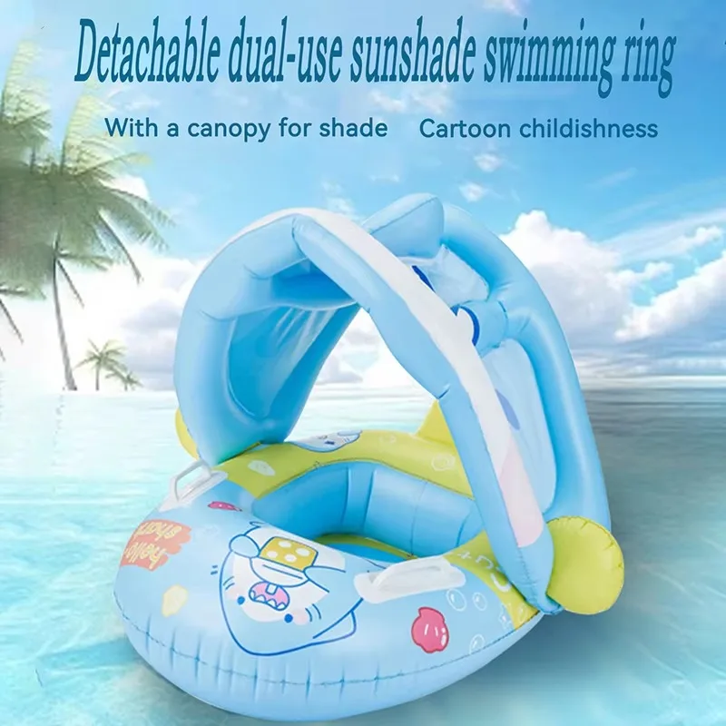 Cartoon Inflatable Toys Float Seat with Animal Printed Detachable Dual-purpose Shade Baby Water Toys Pool Bathroom Swimming Ring