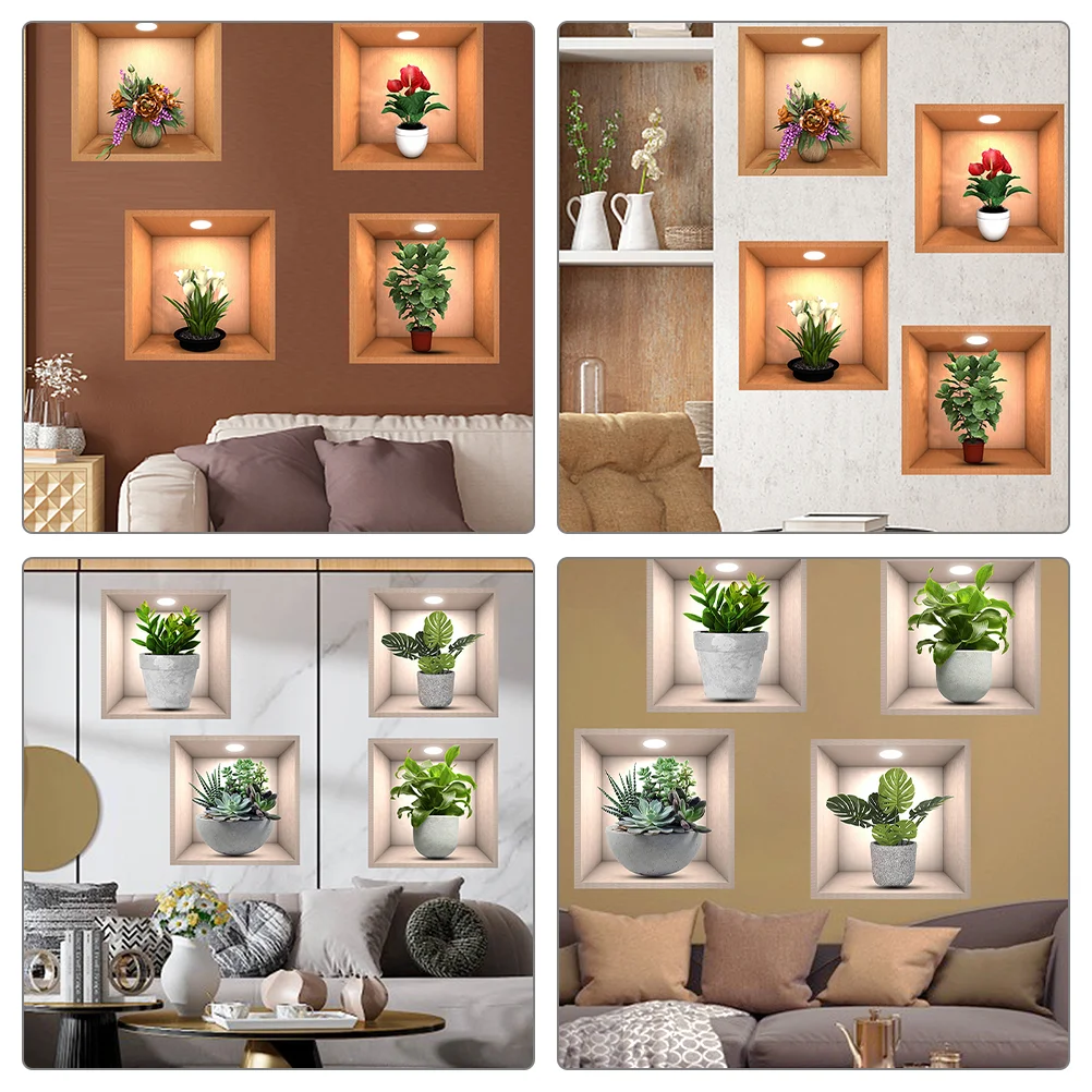 8 Pcs 3d Plant Wall Sticker Farmhouse Murals Potted Flowers Spring Decal Plants Stickers Decor Home Decals Adhesive Printing