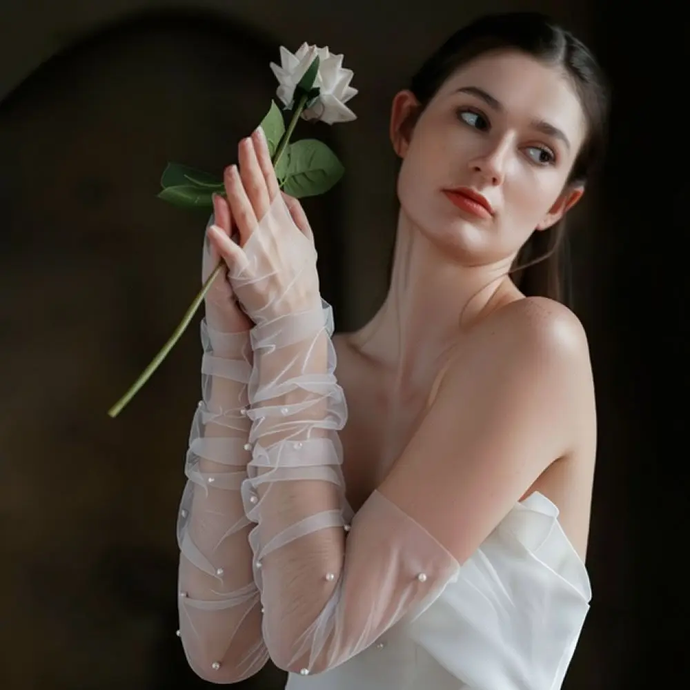 Wedding Long Mesh Sleeves Pearls Bridal Fingerless Gloves Elegant Dress Accessories Romantic Style Photography Decor