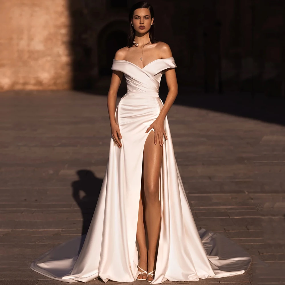 Robe de Mariée Sexy avec Fente Latérale, Col en V Classique, Manches Courtes avec Plis, Dos Ouvert, Poignées, Train Amovible, Quelle que soit