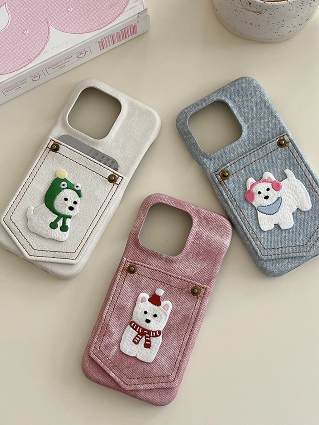 Simplicity Solid Color Cute Puppy Dog Denim Card Pocket Insert Card Phone Cover Case For iPhone 15 14 13 12 11 Pro Max