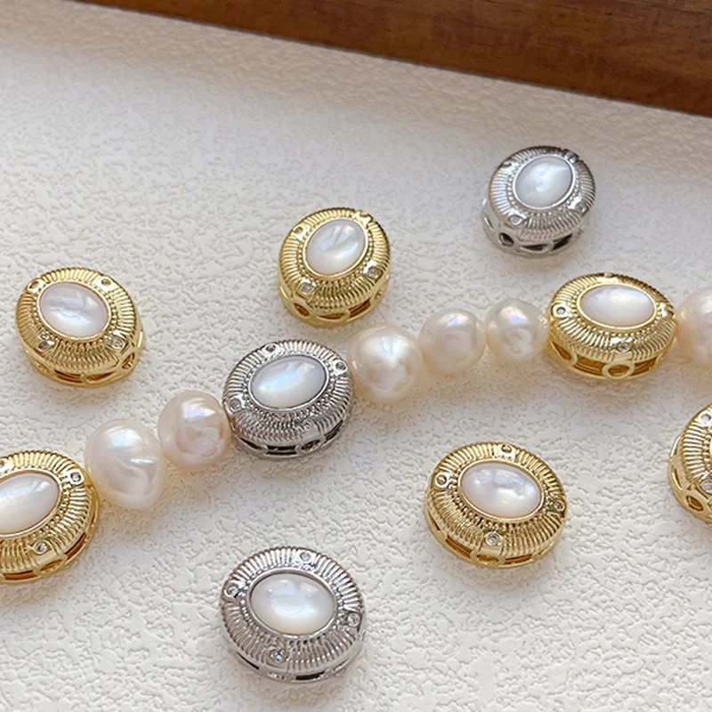 

2pcs Copper Plated-gold Diy Handmade Bracelet Accessory Material Oval Fine Texture Inlaid Zirconium Mica Beads