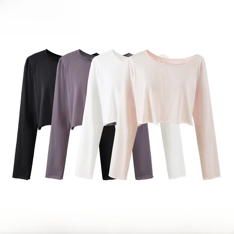 Early Autumn New Arrival Women's Fashion Simple Casual Slimming Bottom Roll up Sleeve Top Polyester Long Sleeve round Neck