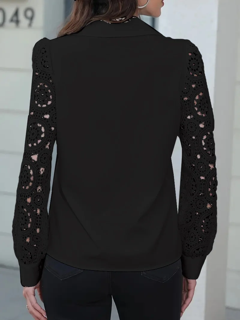 2025 Spring Autumn Women's Shirt Fashion Lace Black Long Sleeve Office Lapel Button White Hollow Blouses for Female