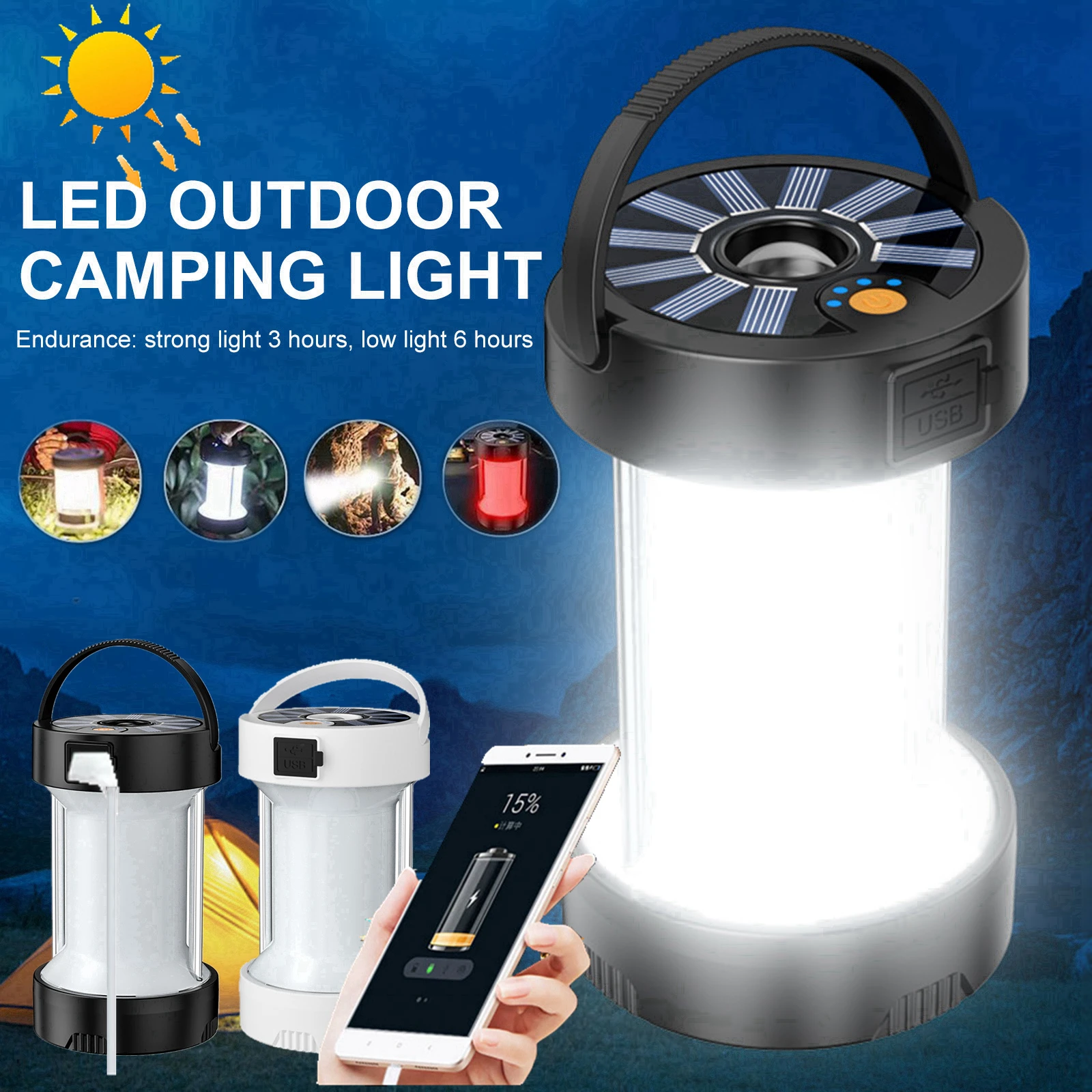 Portable LED Camping Lantern Solar Emergency Magnetic Tent Lights USB Rechargeable Waterproof Lamps Outdoor Survival Flashlights