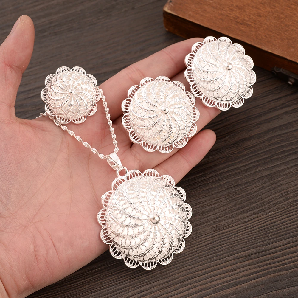 

Ethiopian Silver Plated Bridal Jewelry Sets Necklace Earrings Ring Gifts Wedding Jewellery Set For Women