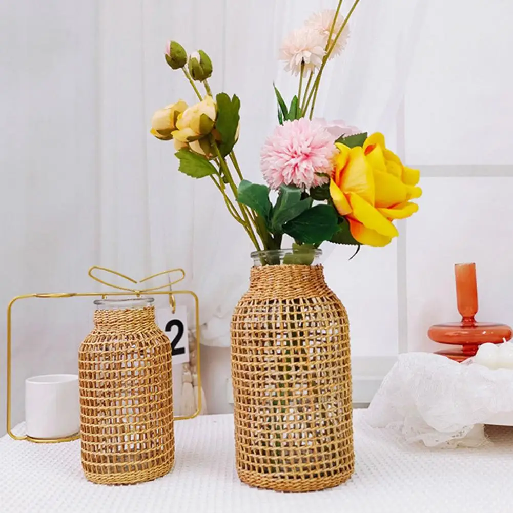 Vine Flower Vase Handmade Straw Woven Anti-broken Plant Pot Japanese Style Glass Vase Table Decoration Scene Layout Prop Home