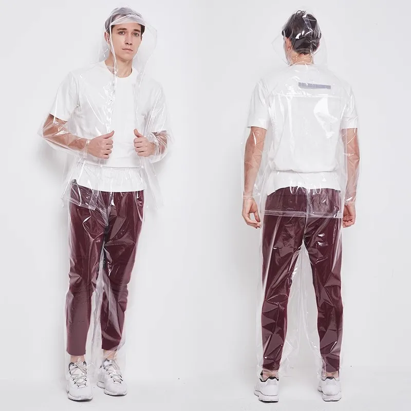 can custom Man Women Boy Girls Clear PVC Sheer Hooded Button Jacket With Trousers Suit Wind Proof Rainproof