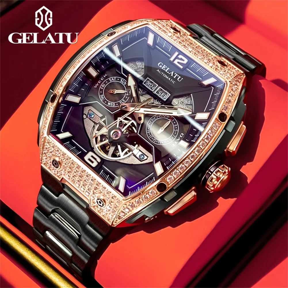 GELATU Brand Luxury Multifunctional Tourbillon Watch for Men Waterproof Luminous Fashion Black Steel Case Mechanical Watches