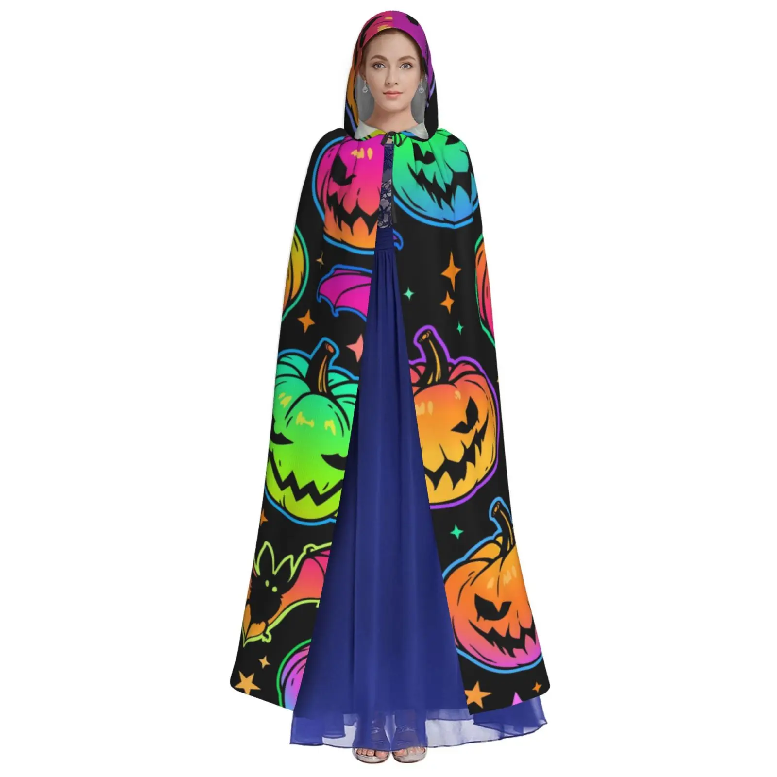 Adult Cloak Cape Hooded Bright Haloween Pumpkins Medieval Costume Witch Wicca Vampire Elf Purim Carnival Party