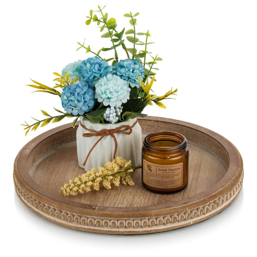 Bandeja decorativa redonda de madera, bandeja de abalorios para café, para mesa de centro, bandejas de madera rústicas, decoración de gran calidad.