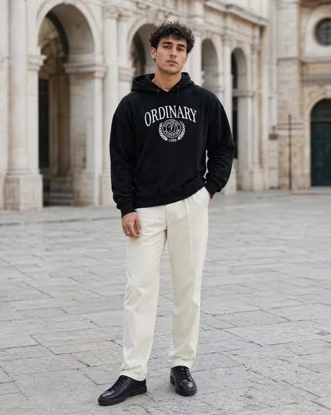 Men Ordinary Letter Laurel Badge Print Hoodie Vintage College Drawstring Long Sleeve Hooded Sweatshirt Casual Street Black  Tops