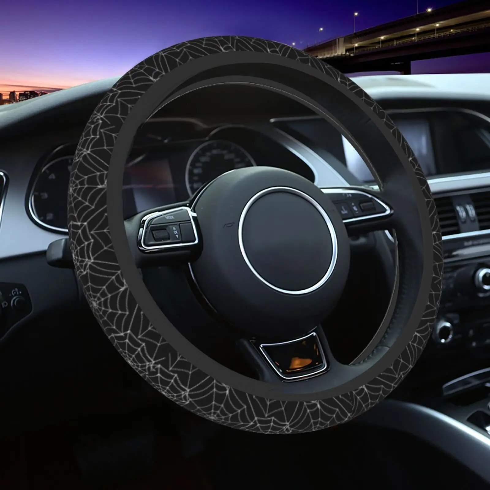 Spider Cobweb Print Steering Wheel Cover Funny Anti-Slip Car Accessories for Men Women Universal 15 Inch Fit Most Vehicles