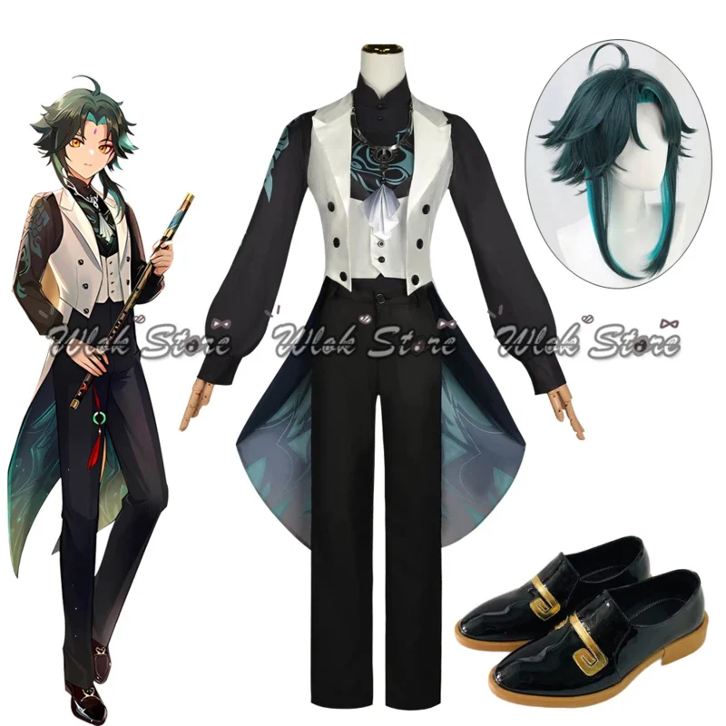 2023 Genshin Impact Symphony Orchestra Cosplay Xiao Costume Uniform Green Wig Hair Halloween Party Roleplay Concert Outfit Shoes