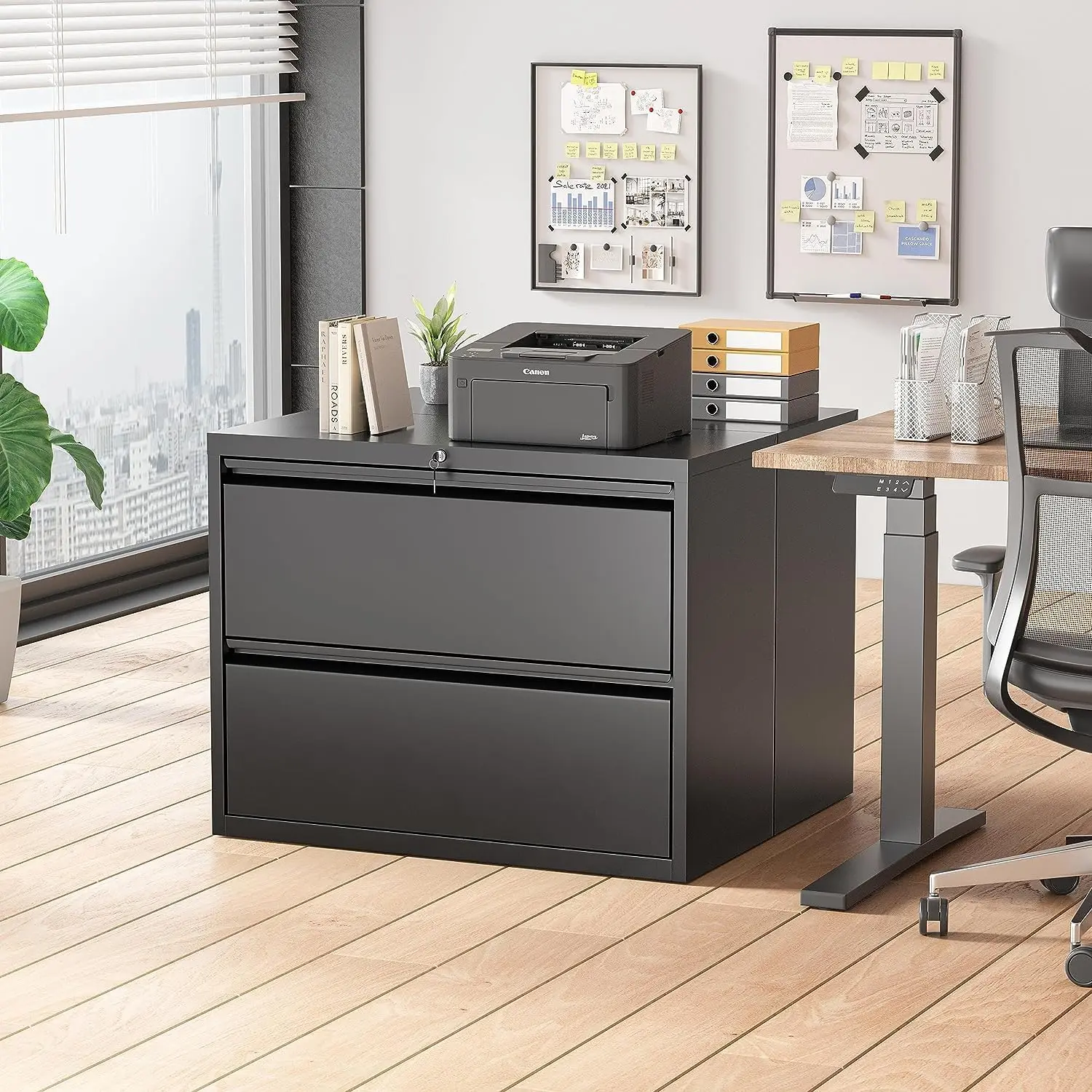 Lateral File Cabinet 2 Drawer Black, Metal 2 Drawer Filing Cabinet with Lock for Home Office, Locking File Cabinet