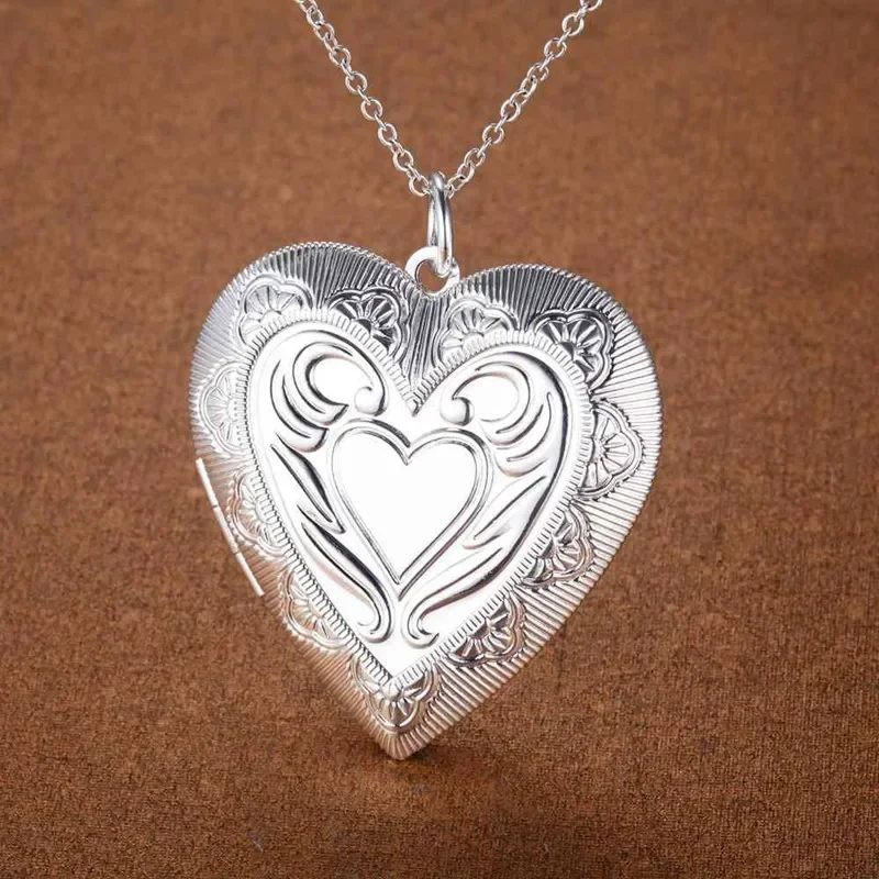 Fine charms 925 sterling Silver romantic Heart photo frame Pendant Necklace for women fashion party wedding Jewelry Pretty Gifts