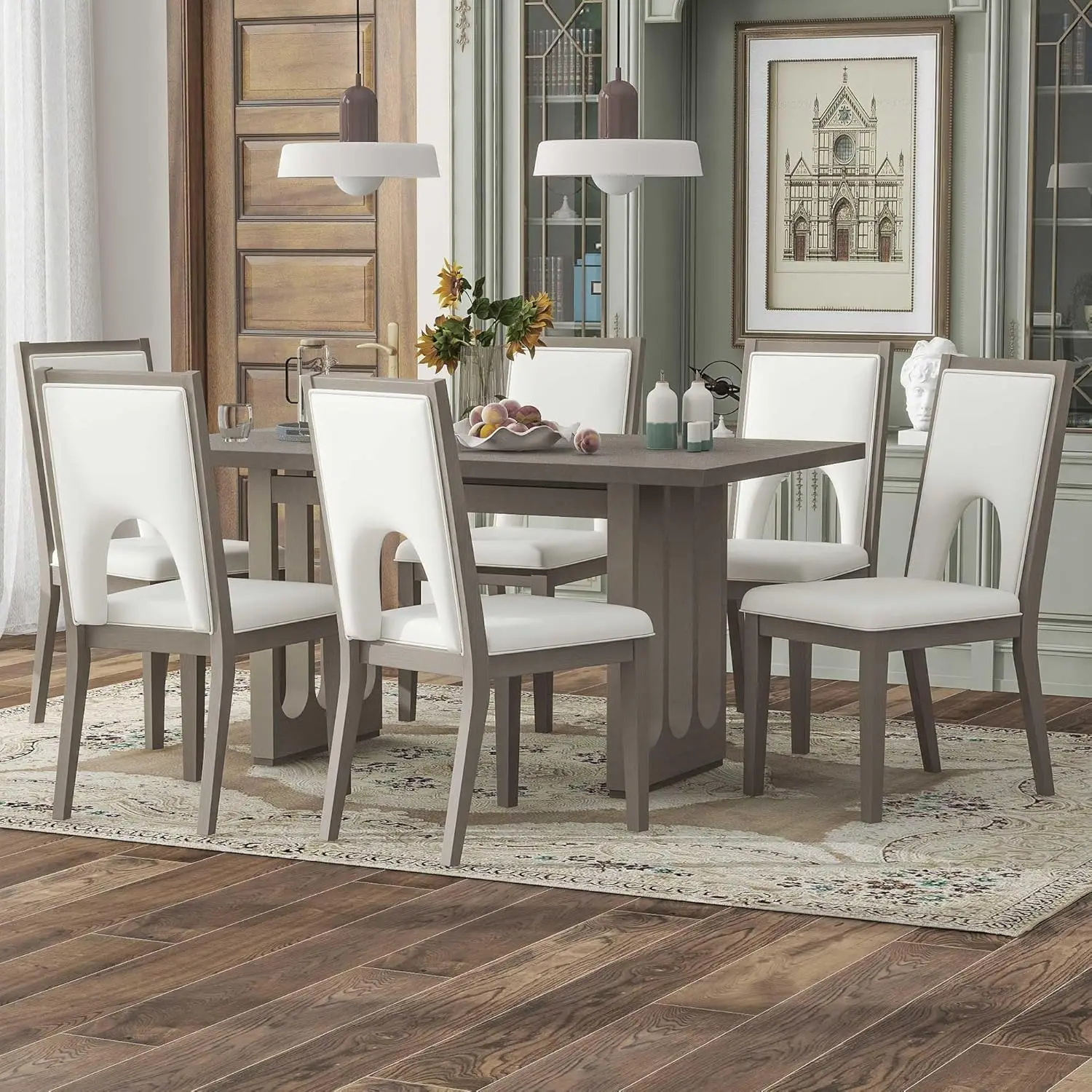 

Lumisol Dining Table Set For 6, Rectangular Dining Table With 6 Upholstered Chairs, Wood 7 Piece Dining Table Set, Farmhouse