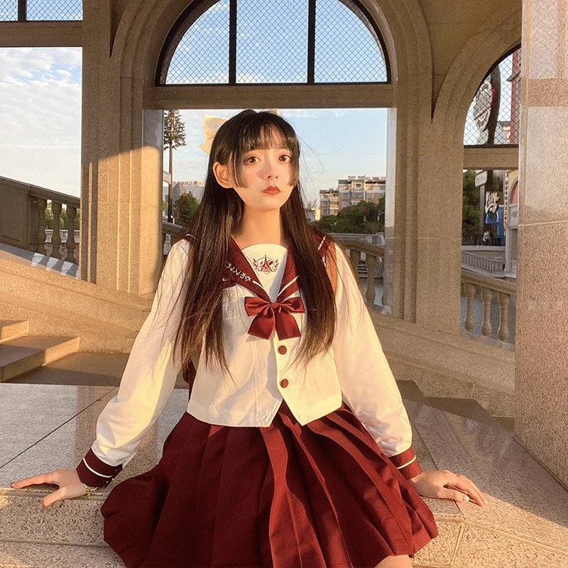 Uniforme escolar japonés de manga corta y larga para niña, conjunto de marinero, Falda plisada, traje JK, color rojo y blanco, para verano