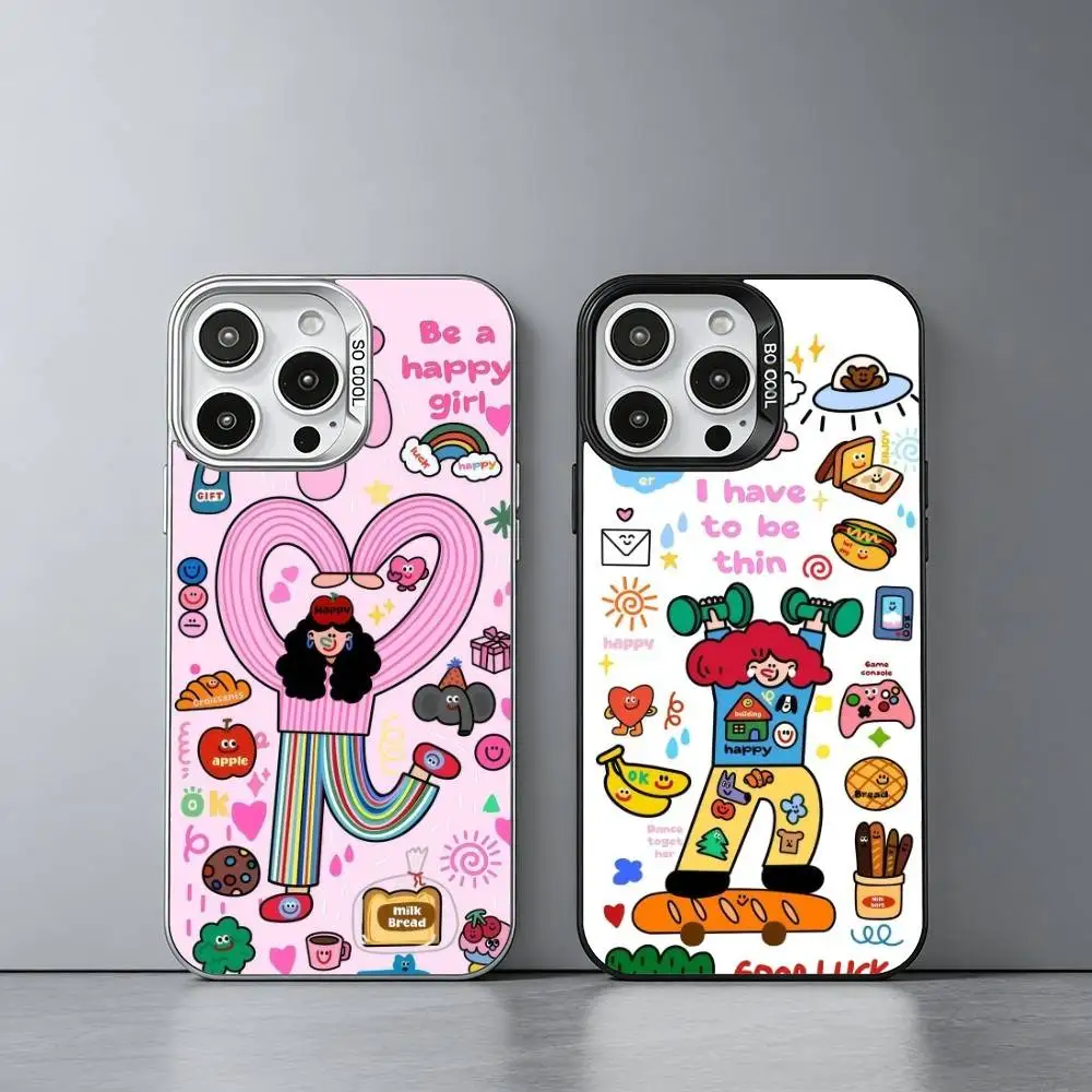 

Ins Korean funny and happy girl Phone Case For iPhone 17,16,15,14,13,12,11 Plus,Pro Max,XS,Colored silver phone case