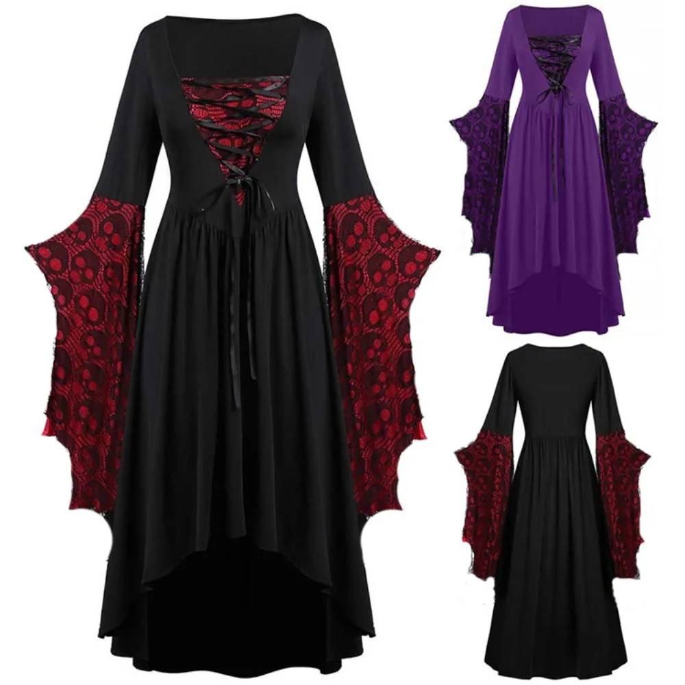 

Halloween Skull Lace Strap Irregular Vintage Lotus Long Leaf Sleeve Dress High Waist Dress 90s Egirl Sexy Slim Party Club Dress
