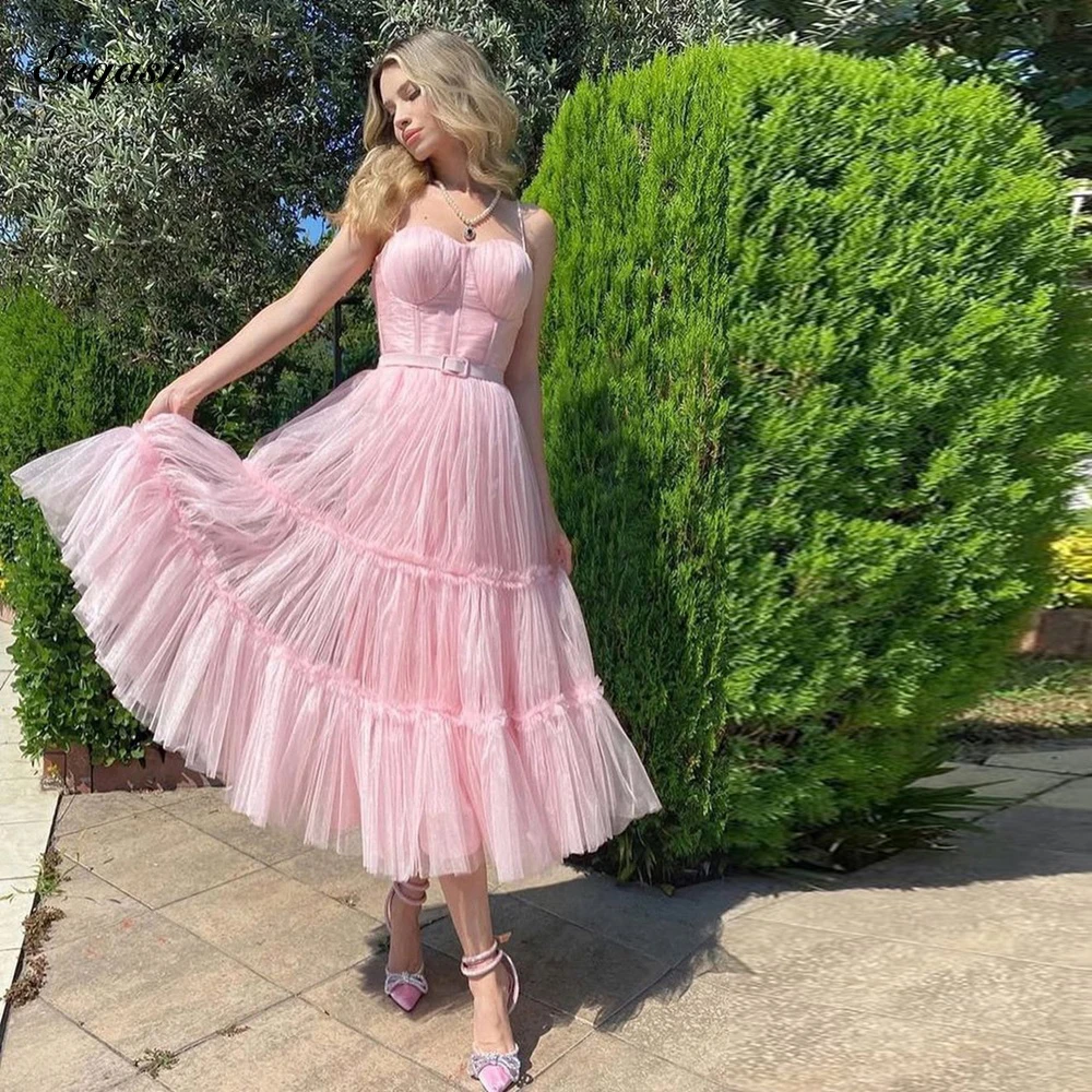 

Pink Prom Dresses Tulle Pleats Wedding Party Gowns Tea Length A Line Women Evening Dress Cocktail Vestidos De Gala Customized