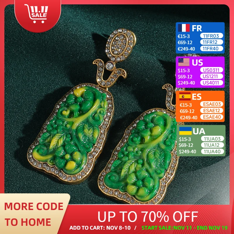 

Vintage Green Jade Flower Drop Earrings For Women Large Rhinestone Luxury Jewelry Designer Wedding Christmas New Trends In 2025
