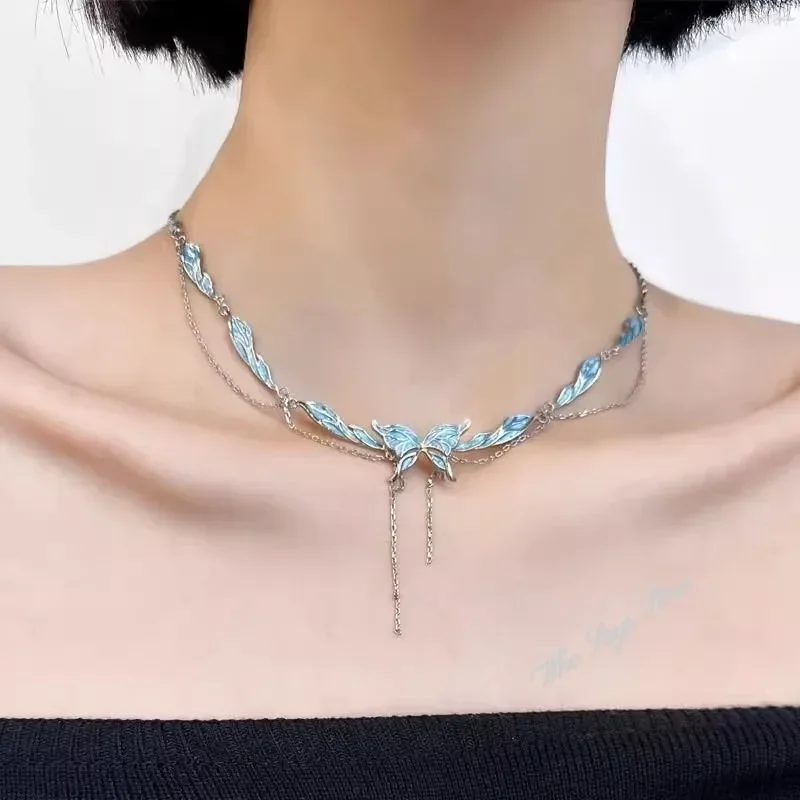 Zircon Butterfly Necklace Layer Blue Four-pointed Ins Style Light Luxury Clavicle Chain for Women Girlfriend Jewelry Gift