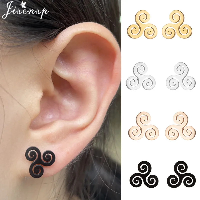 Golden Vintage Leaves Earings Small Mushroom Cherry Earrings for Women Punk Triple Spiral Stud Earring Stainless Steel Jewelry