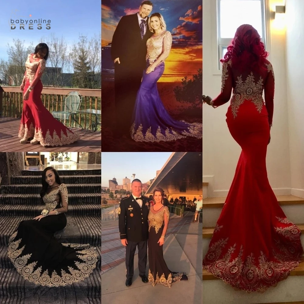 Long Mermaid Prom Dresses Women Elegant Long Sleeve Illusion Lace Applique Bodice Formal Evening Party Gowns robe de soirée