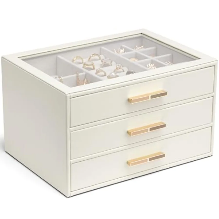 Jewelry Box for Women Glass Lid Jewelry Organizer with 3 Drawers for Necklaces Rings Earrings Bracelets Mother Day Gift for Mom