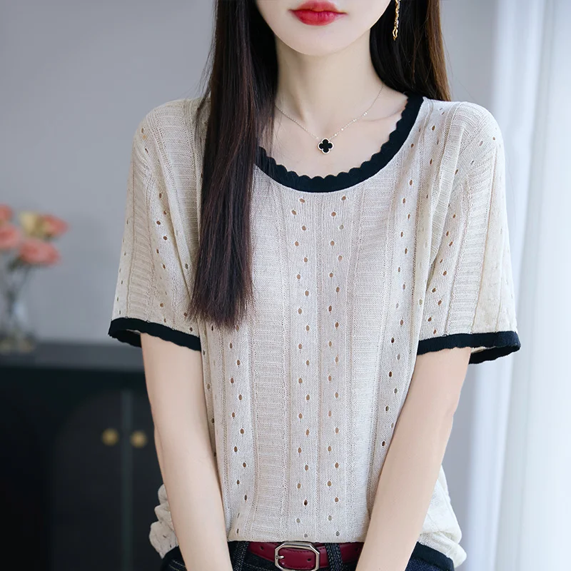ฤดูร้อนคลาสสิกถักผู้หญิงเสื้อสวมหัวรอบคอเสื้อแขนสั้นนุ่มระบายอากาศได้คุณภาพสูงแฟชั่นยอดนิยม