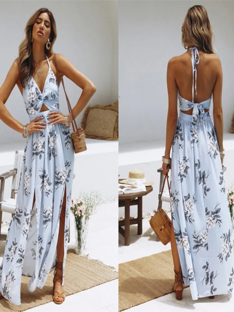 

Printed Front Slit Backless Bow Dress 2026 New Summer Women's Fashionable Sexy Temperament Sleeveless Beach Long Dress Female