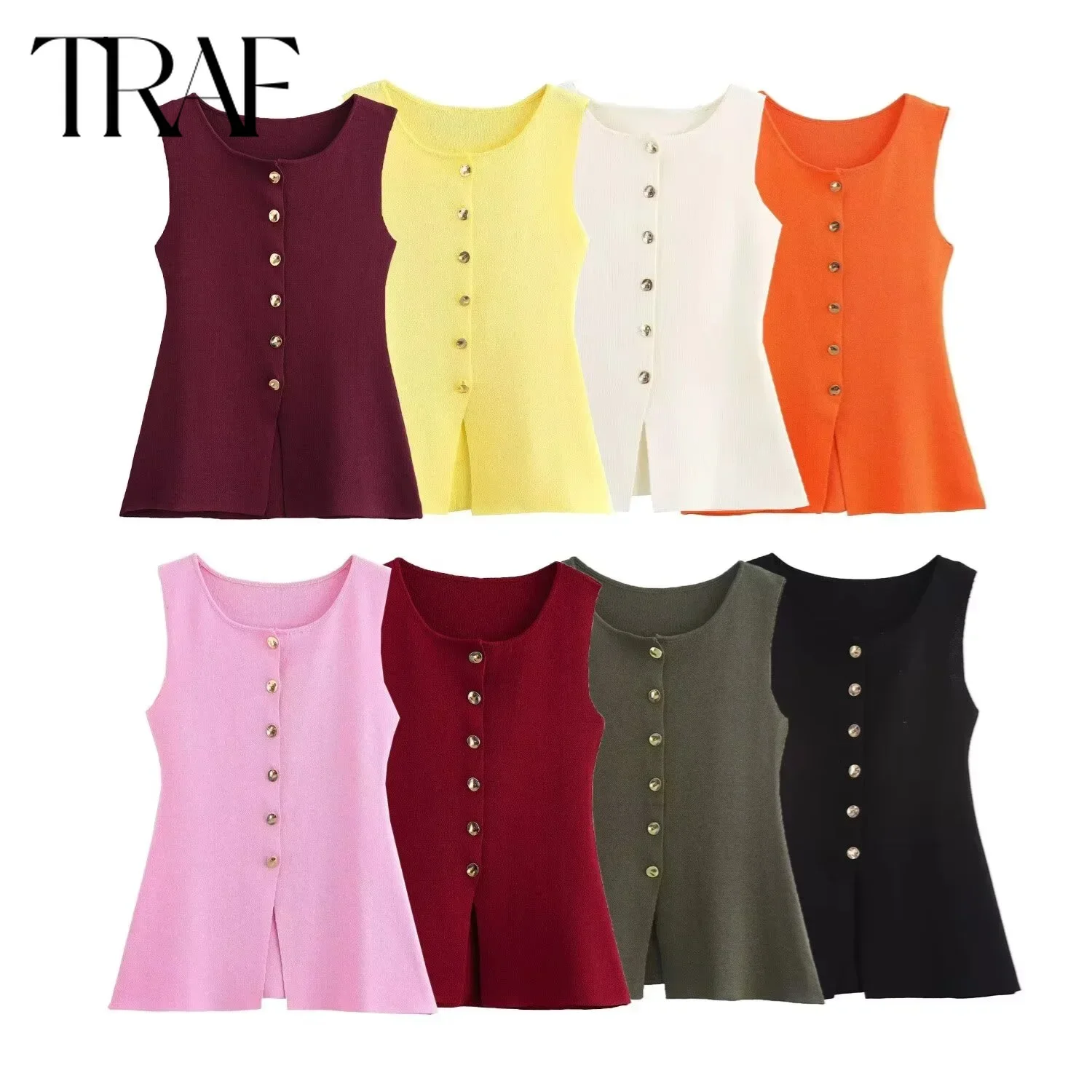 TRAF Knitted Vest for Women Fashion 2024 Autumn Winter New Sleeveless Gold Single Breasted Round Neck Chic Ladies Tops Mujer