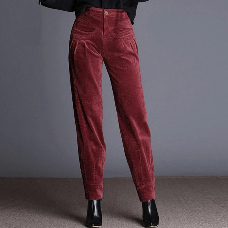 

Winter Autumn Casual Women Wine Red Black Corduroy Lantern Trousers , Fall Female Woman Pants