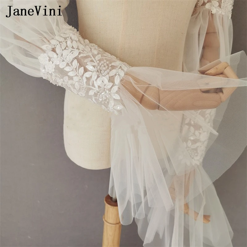 JaneVini Ivory Puffy Tulle Lace Detachable Sleeves For Wedding Up And Down Party Cape Beaded Gloves Wedding Bolero Jacket Woman